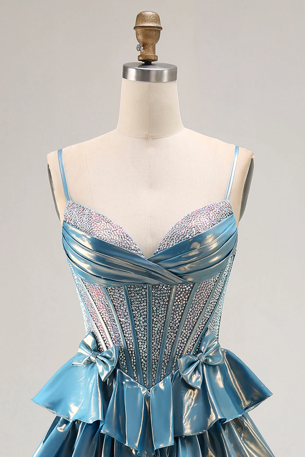 Blue Metallic A-Line Corset Tiered Long Prom Dress With Beading - Image 4