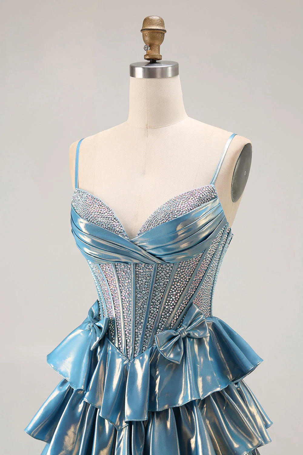 Blue Metallic A-Line Corset Tiered Long Prom Dress With Beading - Image 5