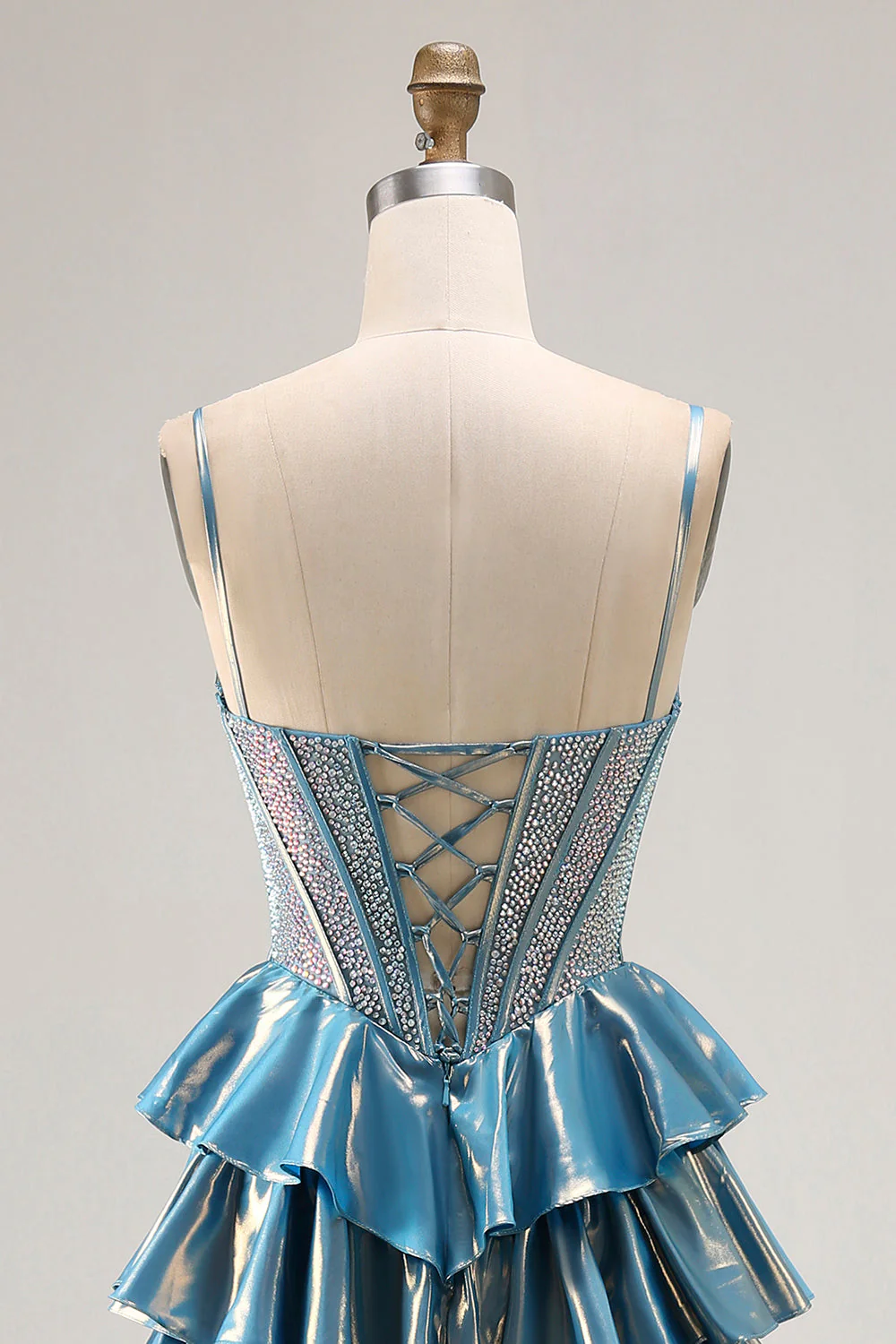 Blue Metallic A-Line Corset Tiered Long Prom Dress With Beading - Image 6