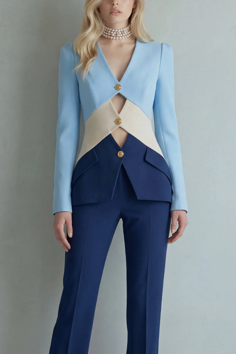 Blue Navy Patchwork Single Breasted 2 Piece Slim Fit Prom Suits - Image 3