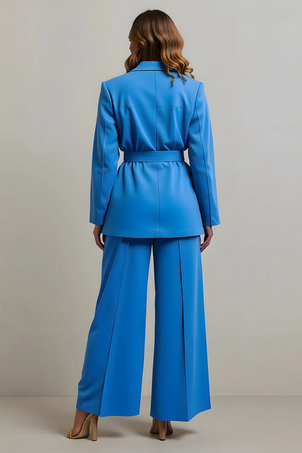 Blue Notched Lapel 2 Piece Women Prom Suits with Belts - Image 2