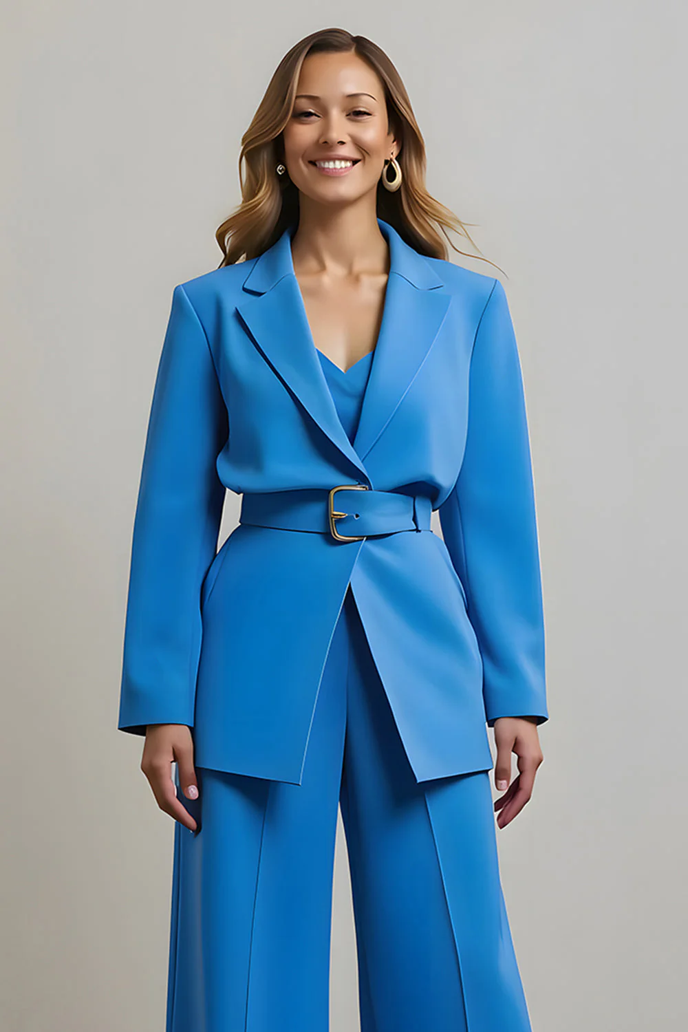 Blue Notched Lapel 2 Piece Women Prom Suits with Belts - Image 3