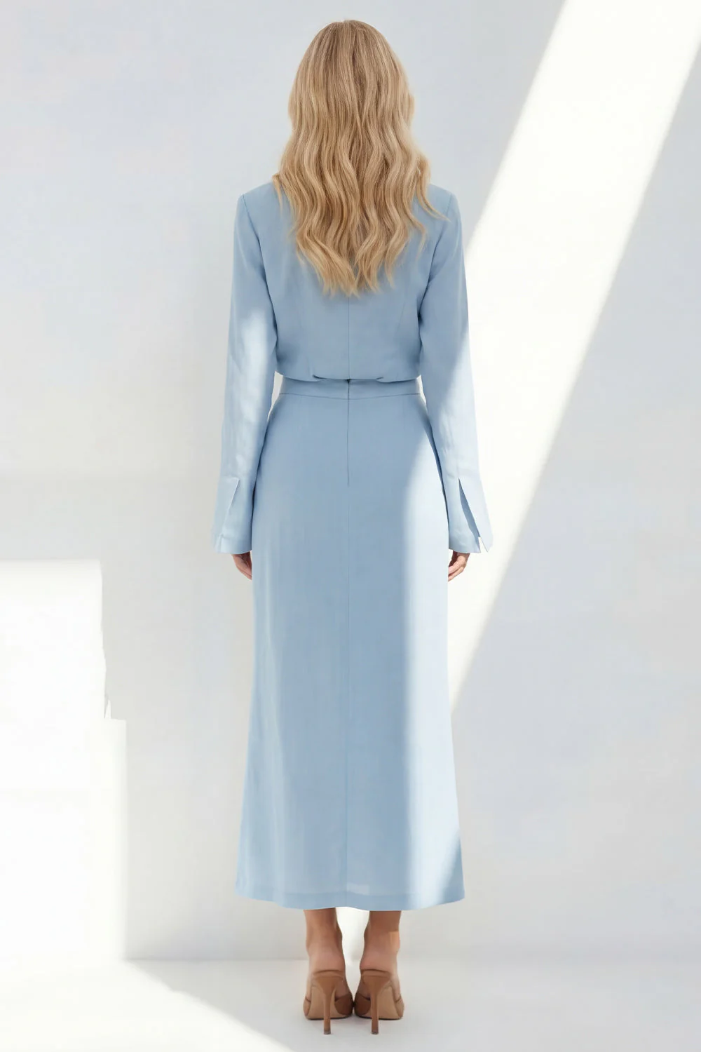 Blue Notched Lapel Long Sleeves 2 Piece Business Dress - Image 2