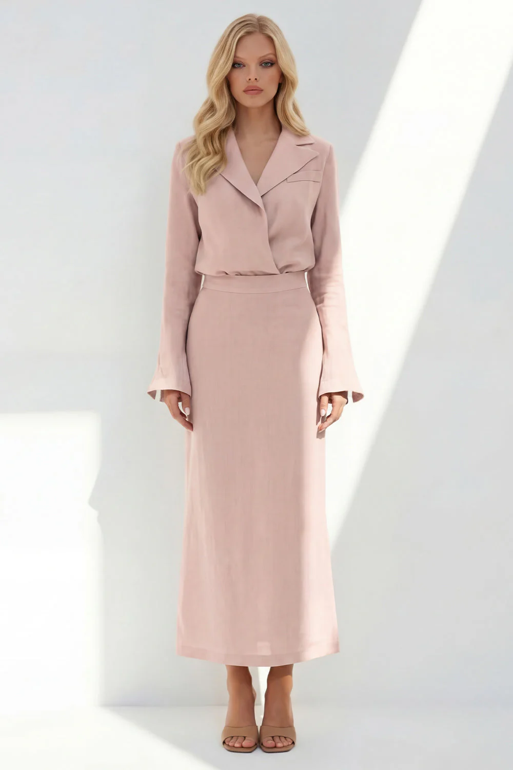 Blue Notched Lapel Long Sleeves 2 Piece Business Dress - Image 3