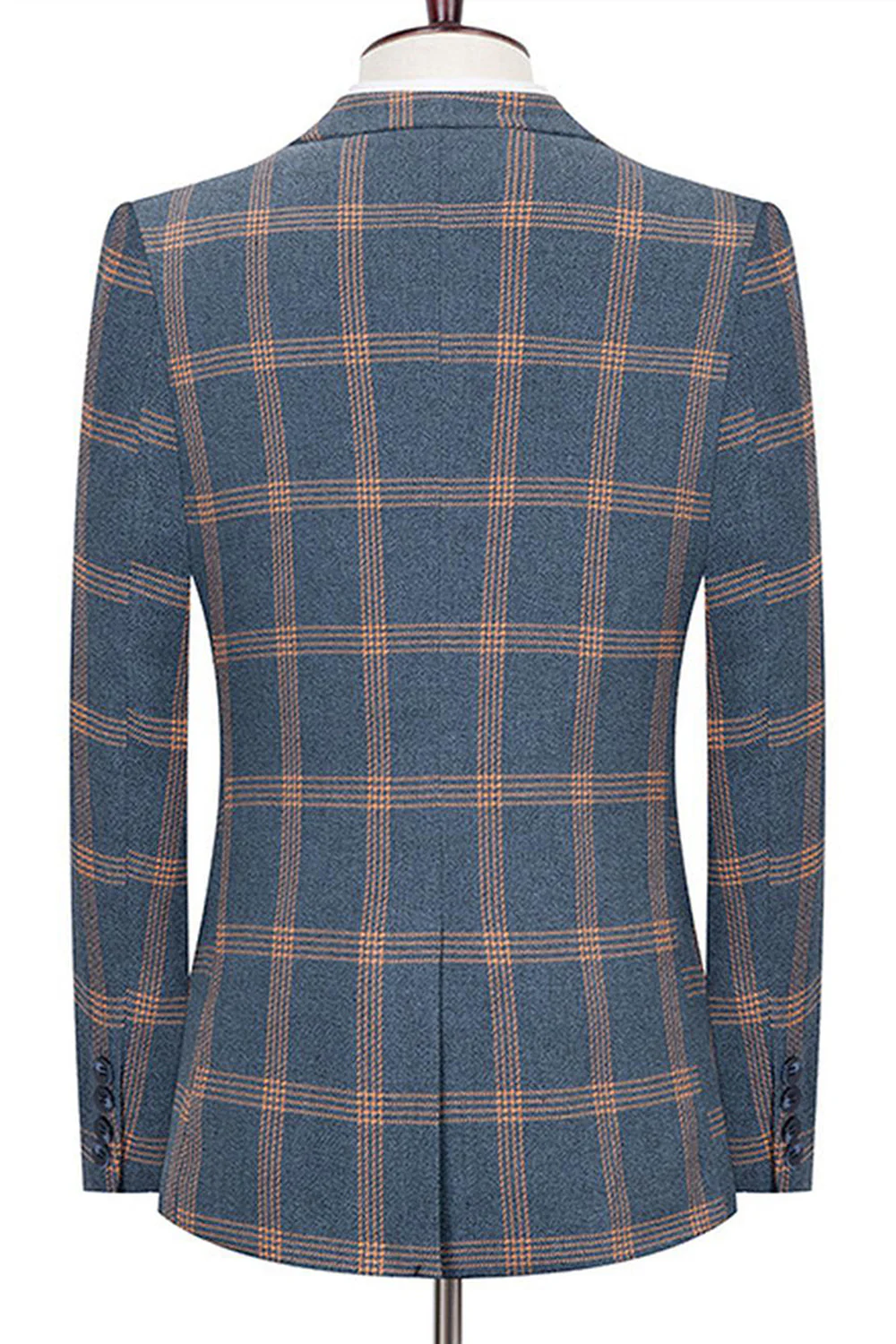 Blue Notched Lapel Slim Fit Plaid Men Suits - Image 2