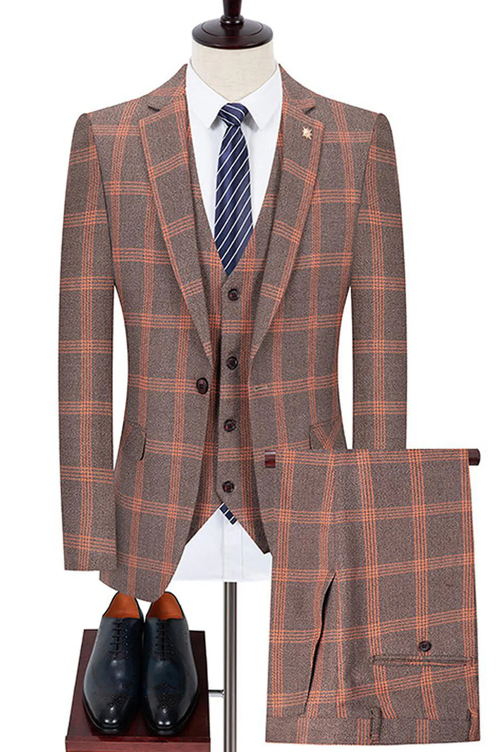Blue Notched Lapel Slim Fit Plaid Men Suits - Image 3