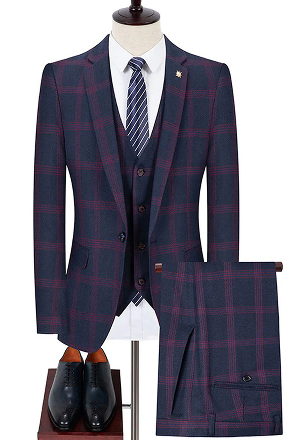Blue Notched Lapel Slim Fit Plaid Men Suits - Image 5