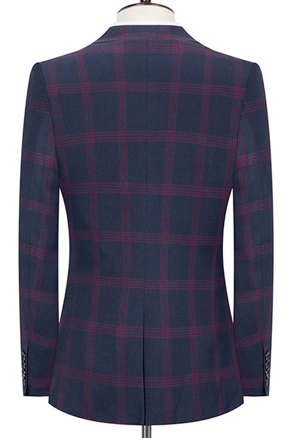 Blue Notched Lapel Slim Fit Plaid Men Suits - Image 6