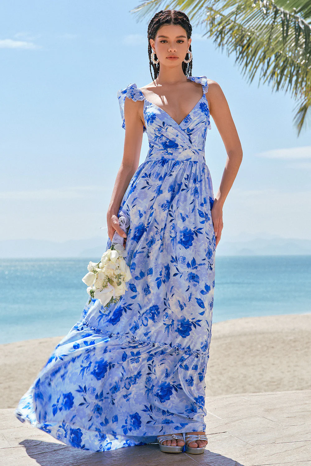 Blue Off The Shoulder Floral A Line Bridesmaid Dress - Image 3