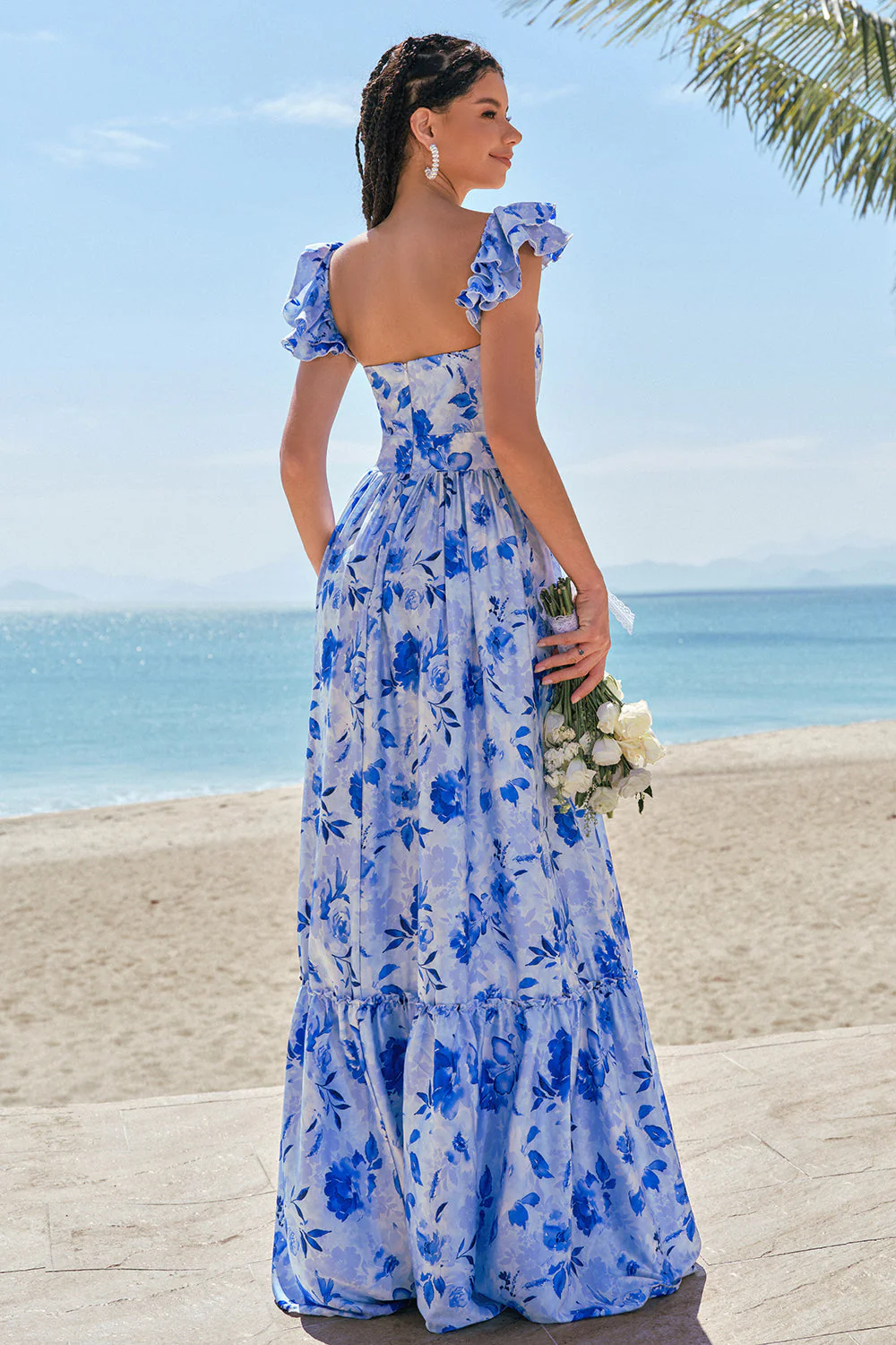 Blue Off The Shoulder Floral A Line Bridesmaid Dress - Image 4
