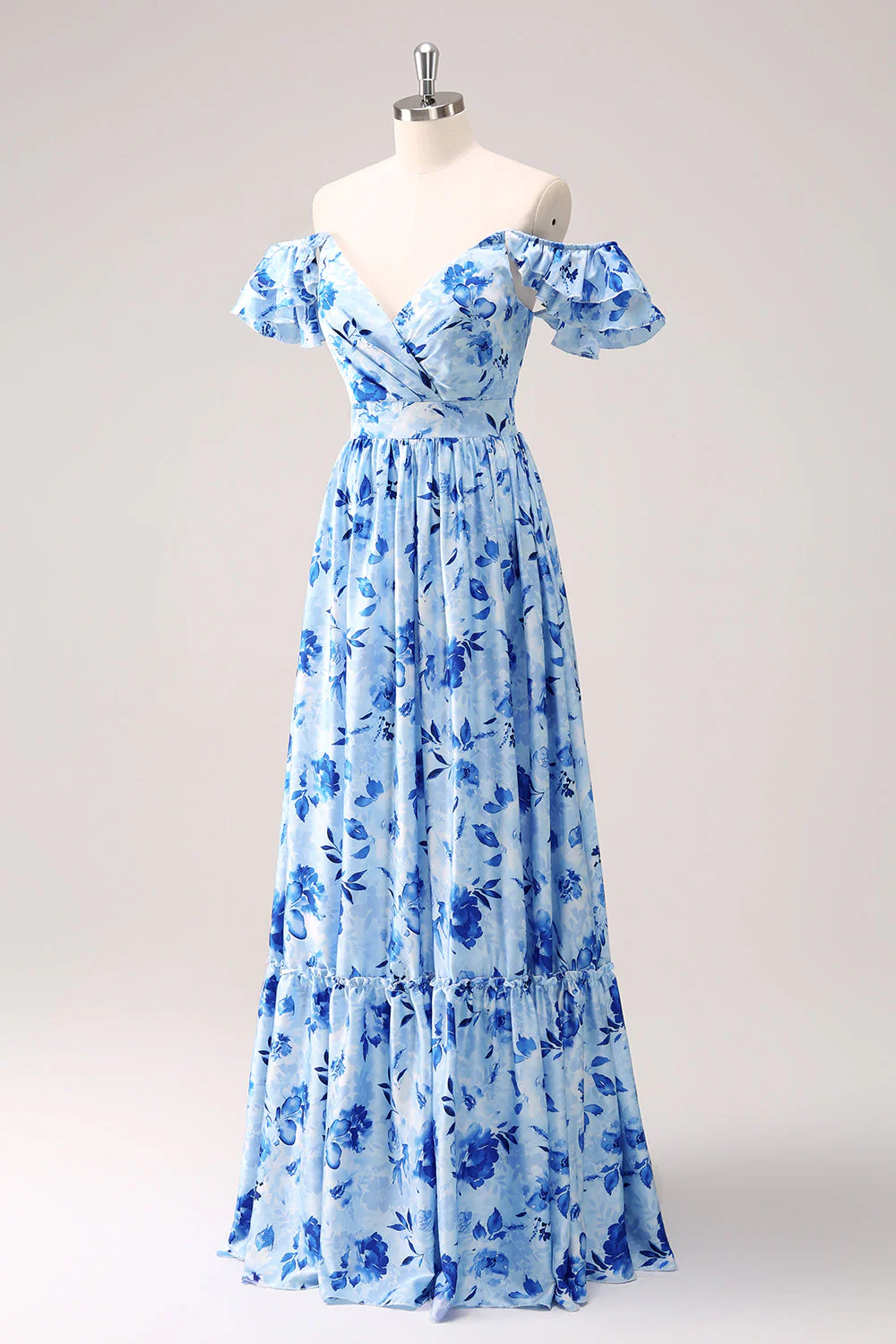 Blue Off The Shoulder Floral A Line Bridesmaid Dress - Image 5