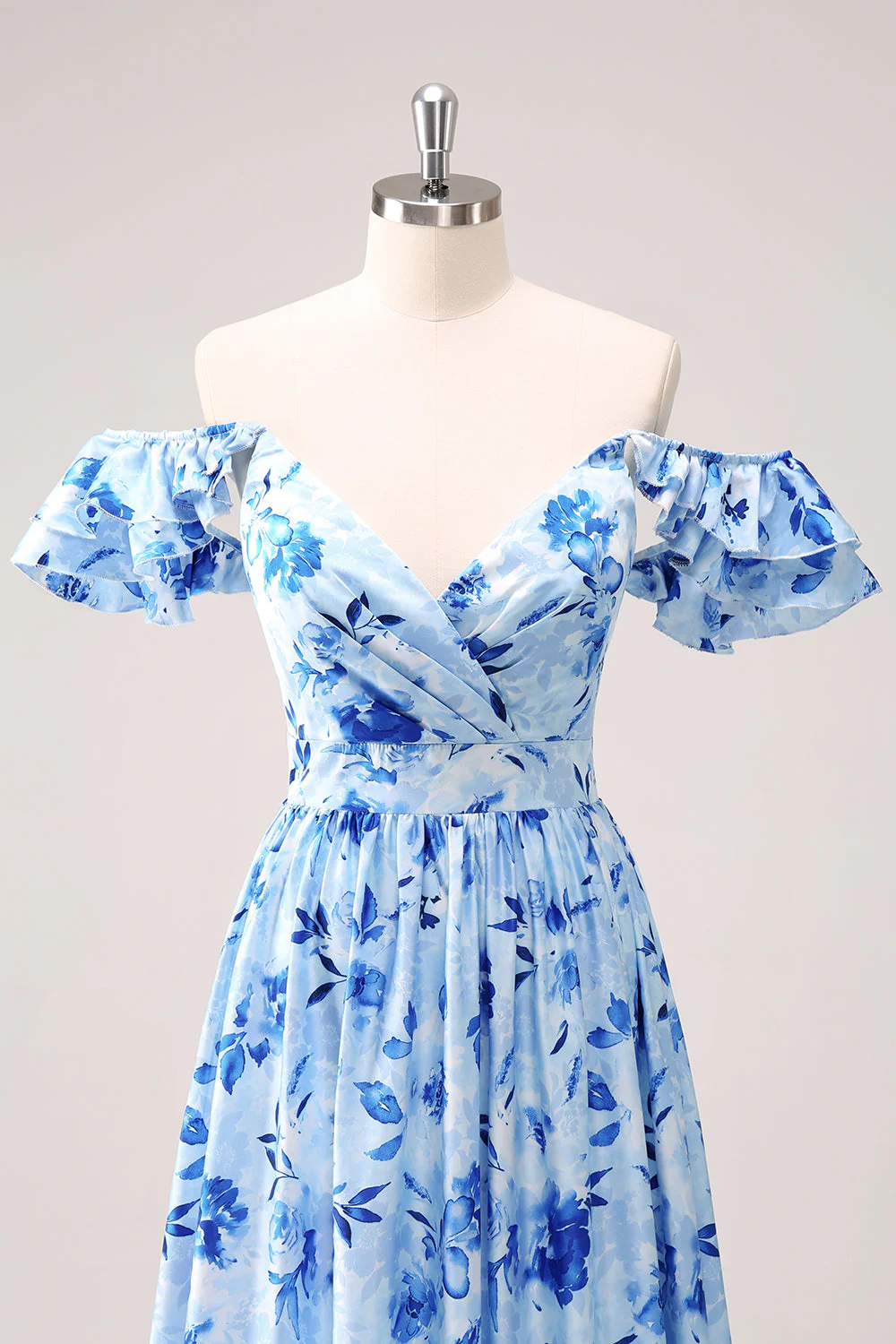 Blue Off The Shoulder Floral A Line Bridesmaid Dress - Image 6