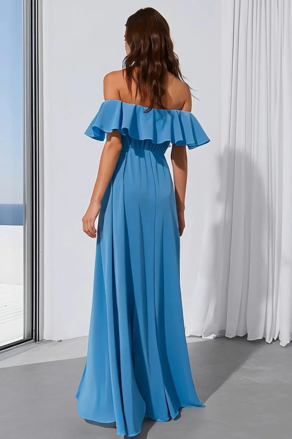 Blue Off the Shoulder Ruffled A line Long Bridesmaid Dress with Slit - Image 2