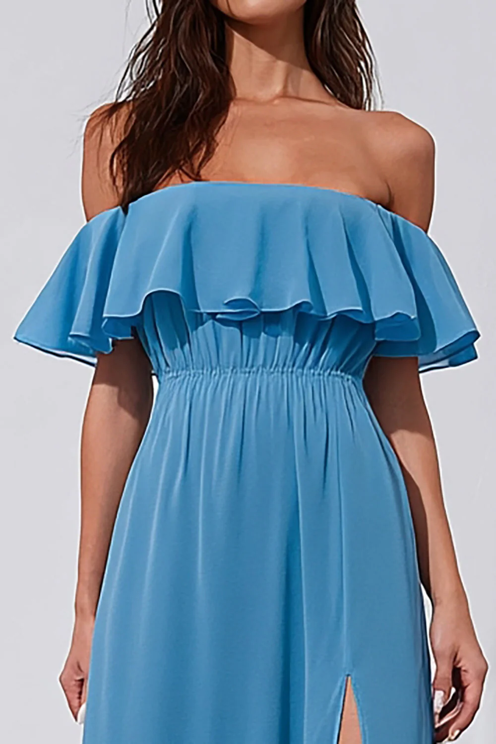 Blue Off the Shoulder Ruffled A line Long Bridesmaid Dress with Slit - Image 3
