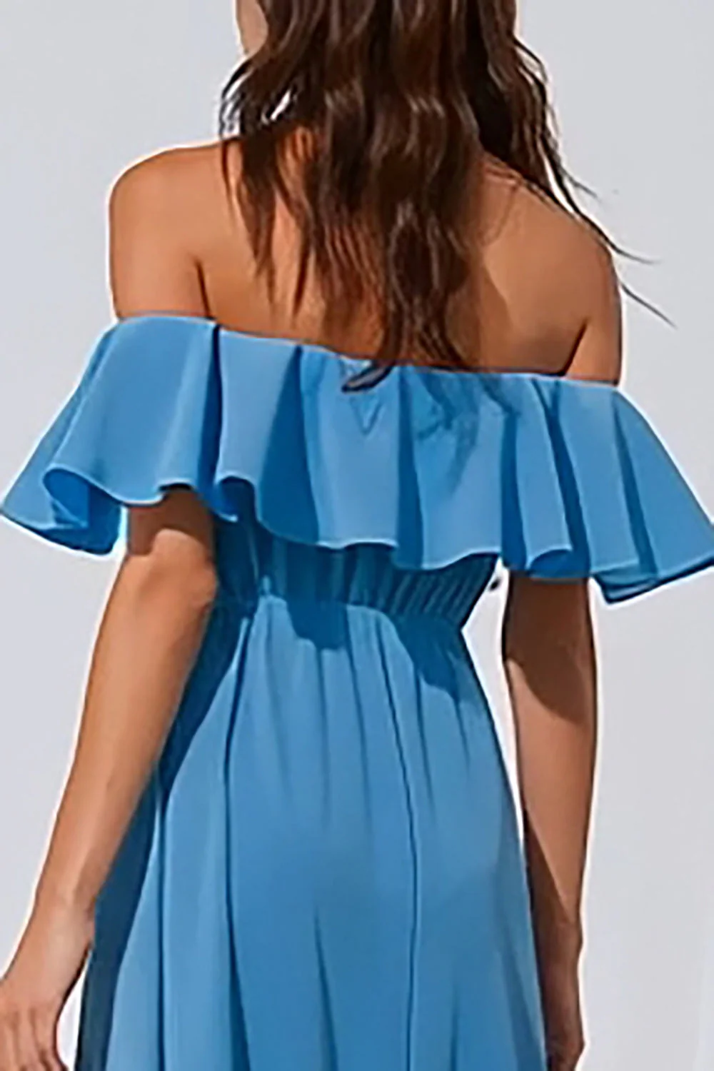 Blue Off the Shoulder Ruffled A line Long Bridesmaid Dress with Slit - Image 4