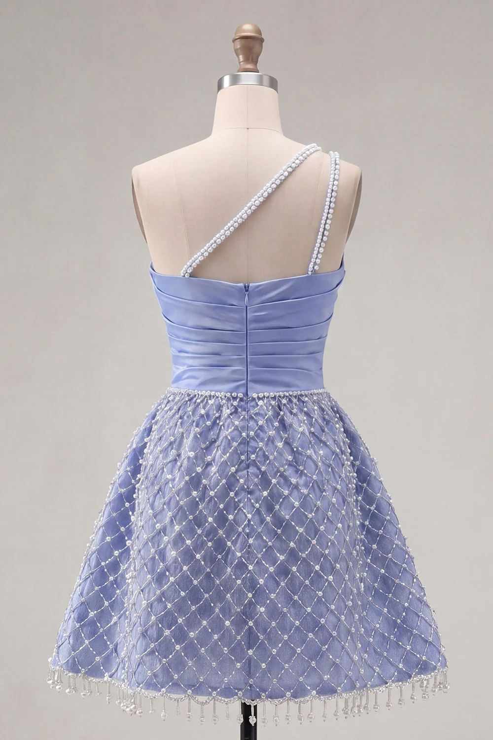 One Shoulder Blue Satin A-Line Ruched Pearls Cocktail Dress with Slit - Image 2