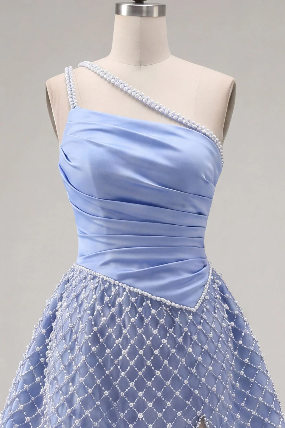 One Shoulder Blue Satin A-Line Ruched Pearls Cocktail Dress with Slit - Image 5