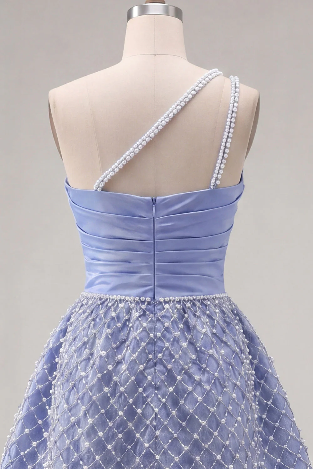 One Shoulder Blue Satin A-Line Ruched Pearls Cocktail Dress with Slit - Image 6