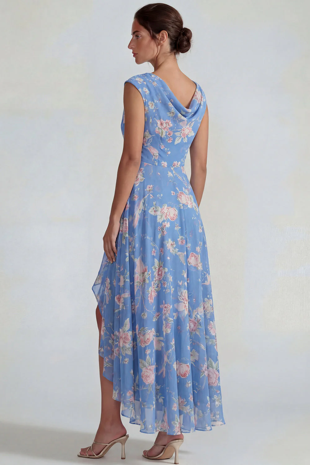 Blue Pink Floral Chiffon Ruffled A Line Midi Dress with Slit - Image 2