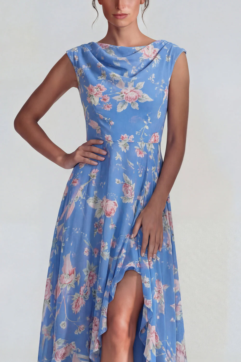 Blue Pink Floral Chiffon Ruffled A Line Midi Dress with Slit - Image 3