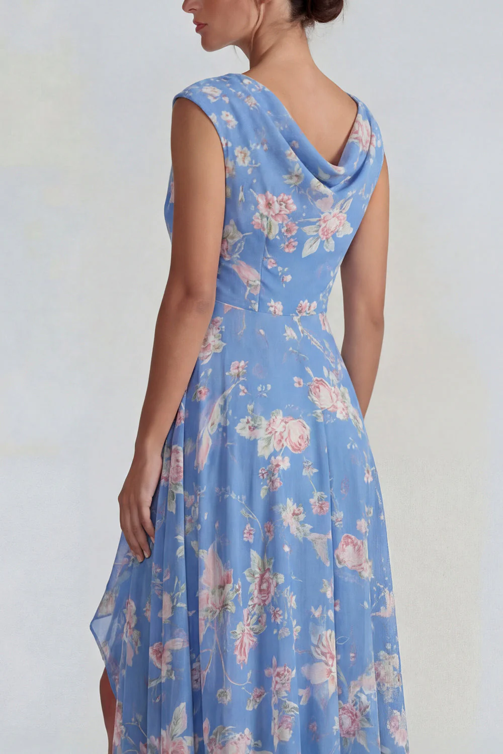 Blue Pink Floral Chiffon Ruffled A Line Midi Dress with Slit - Image 4