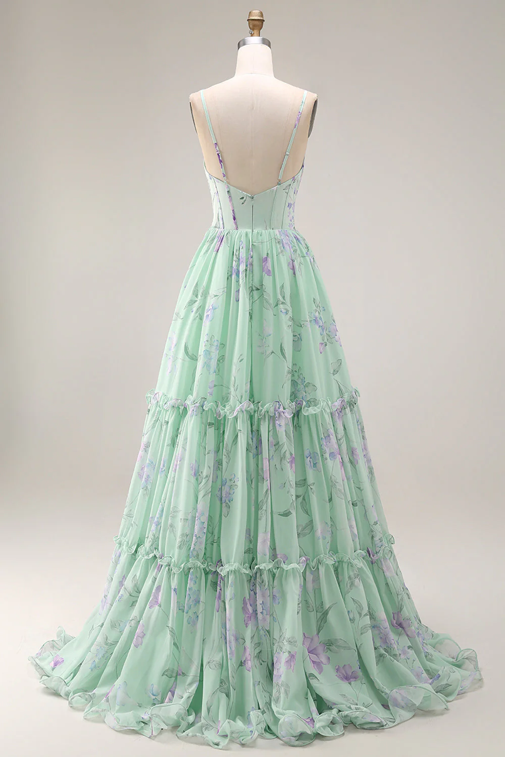 Blue Pink Flower A Line Ruffled Corset Spaghetti Straps Chiffon Long Prom Dress - Image 10