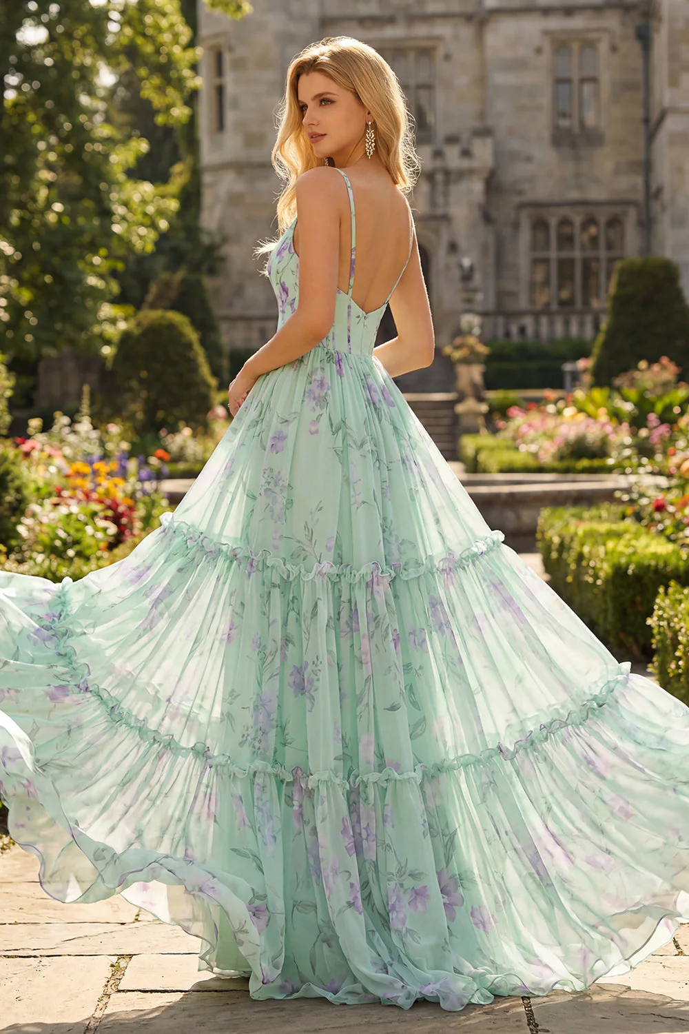 Blue Pink Flower A Line Ruffled Corset Spaghetti Straps Chiffon Long Prom Dress - Image 12