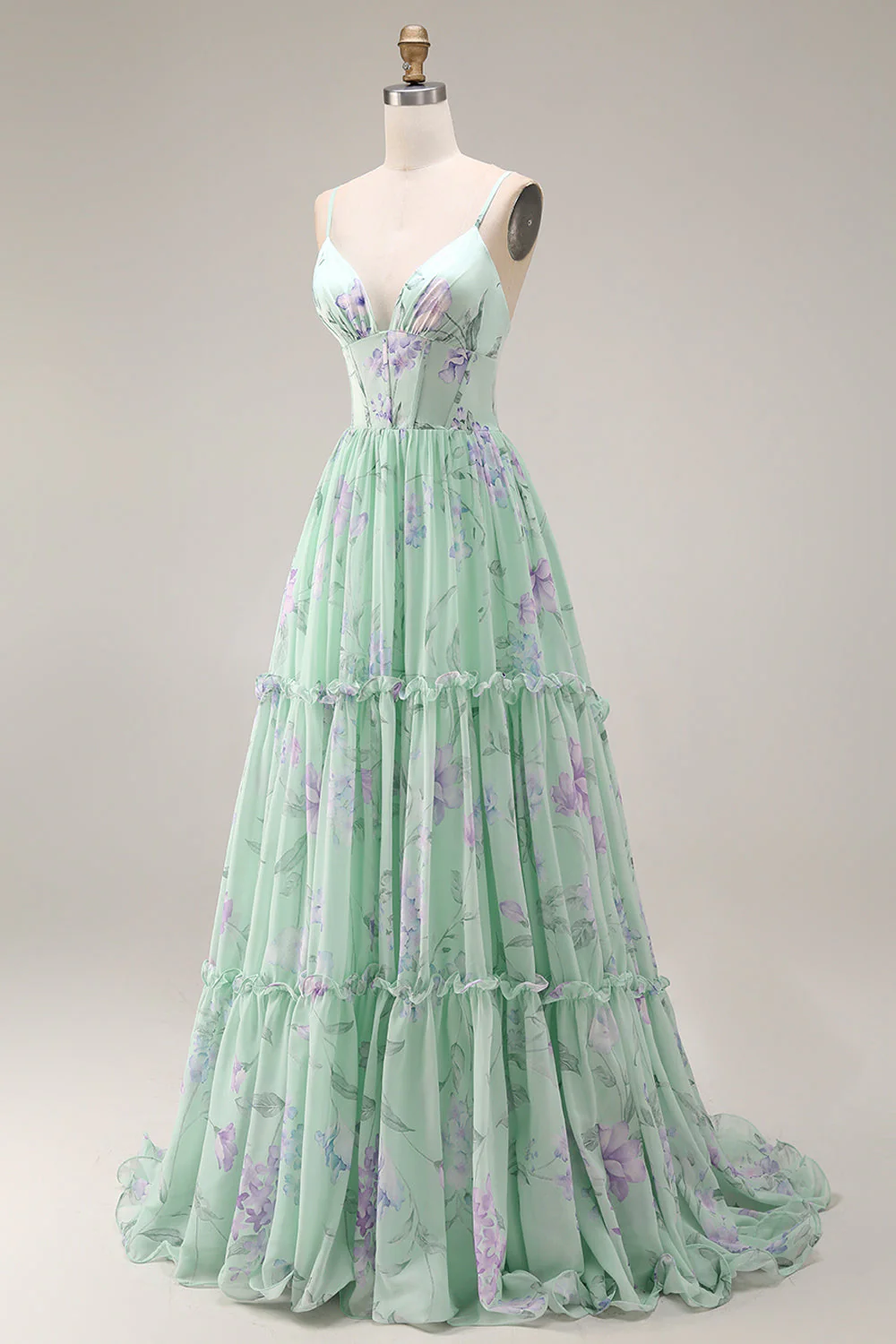 Blue Pink Flower A Line Ruffled Corset Spaghetti Straps Chiffon Long Prom Dress - Image 13