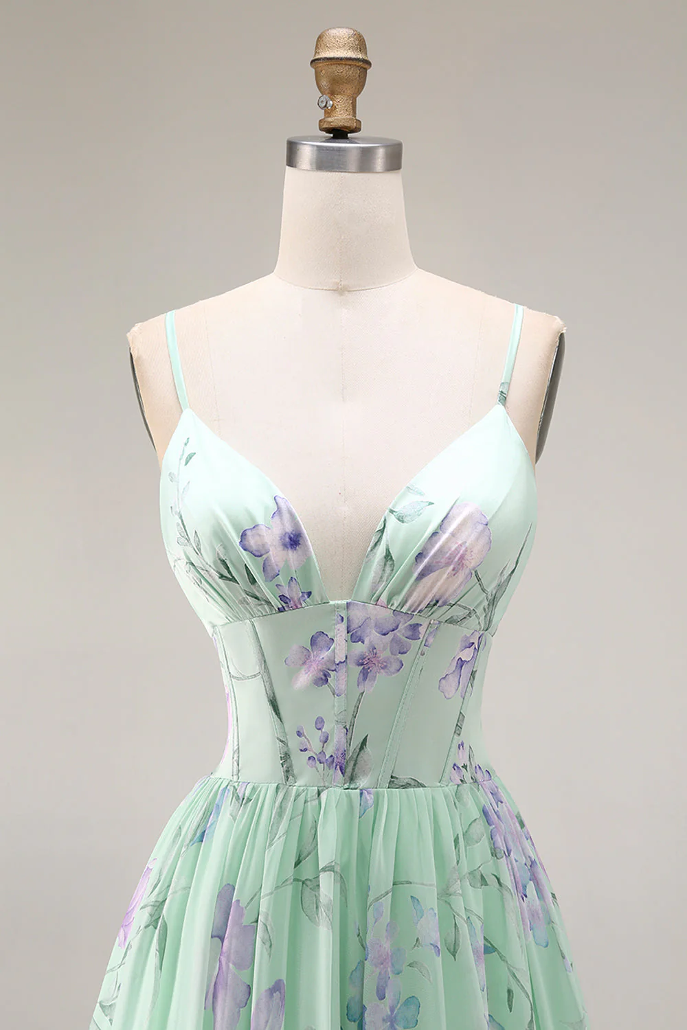 Blue Pink Flower A Line Ruffled Corset Spaghetti Straps Chiffon Long Prom Dress - Image 14