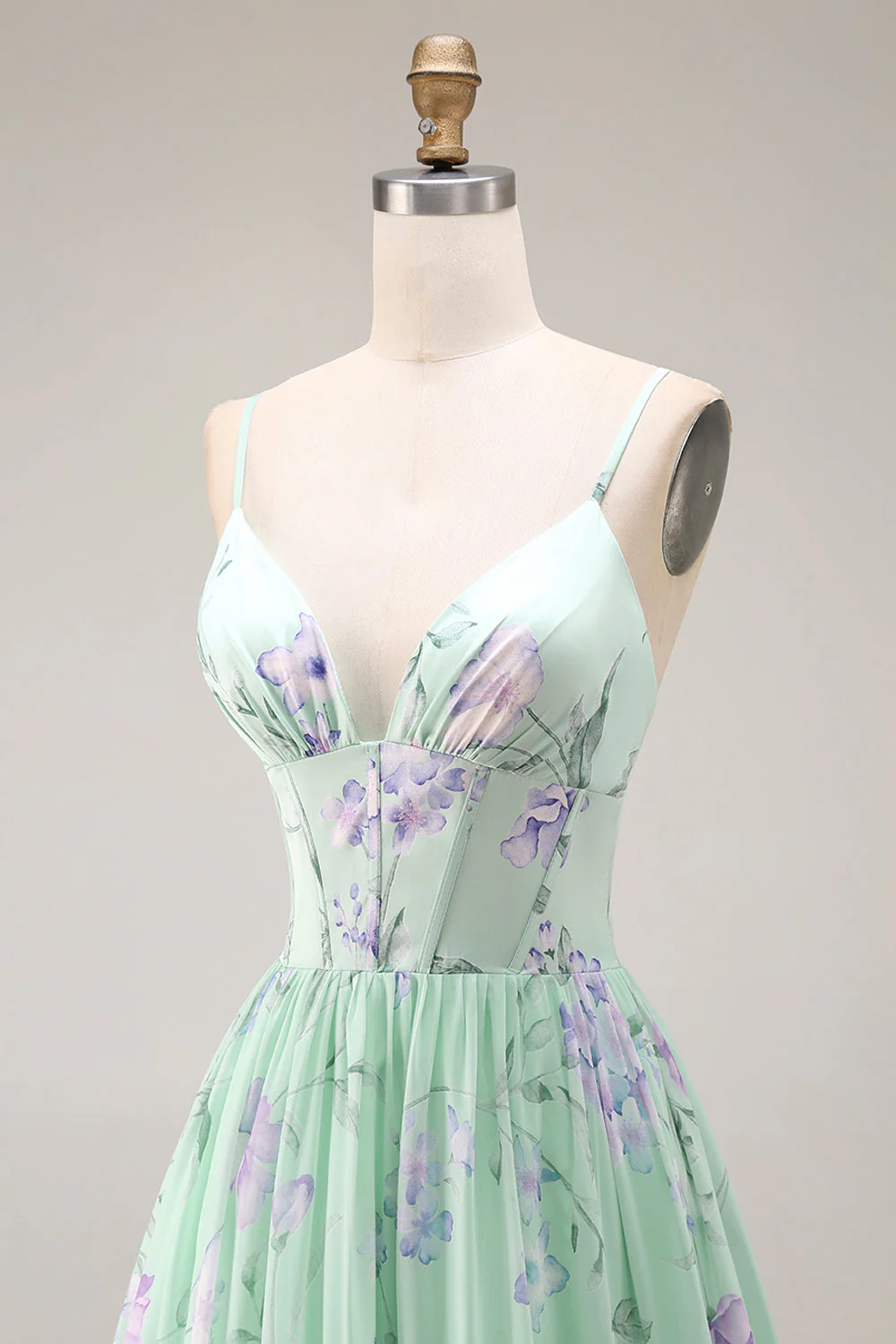 Blue Pink Flower A Line Ruffled Corset Spaghetti Straps Chiffon Long Prom Dress - Image 15