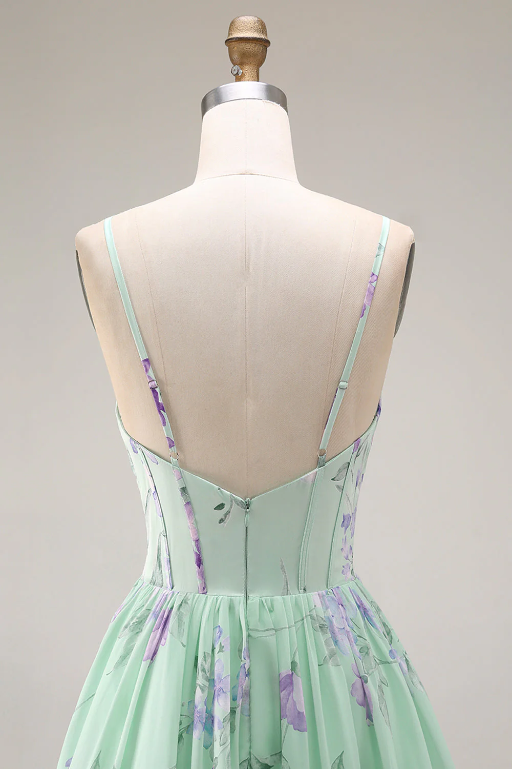 Blue Pink Flower A Line Ruffled Corset Spaghetti Straps Chiffon Long Prom Dress - Image 16