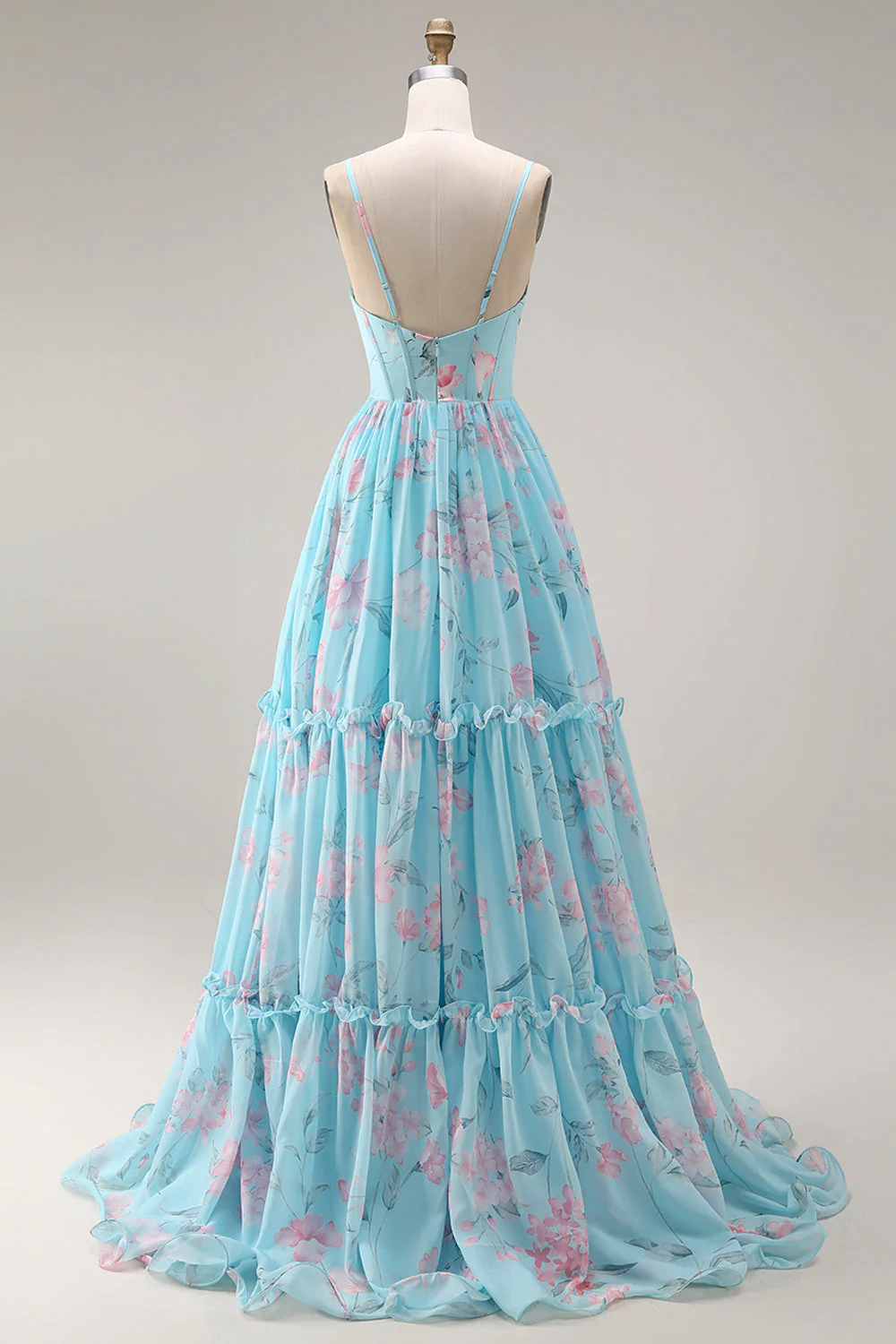 Blue Pink Flower A Line Ruffled Corset Spaghetti Straps Chiffon Long Prom Dress - Image 2