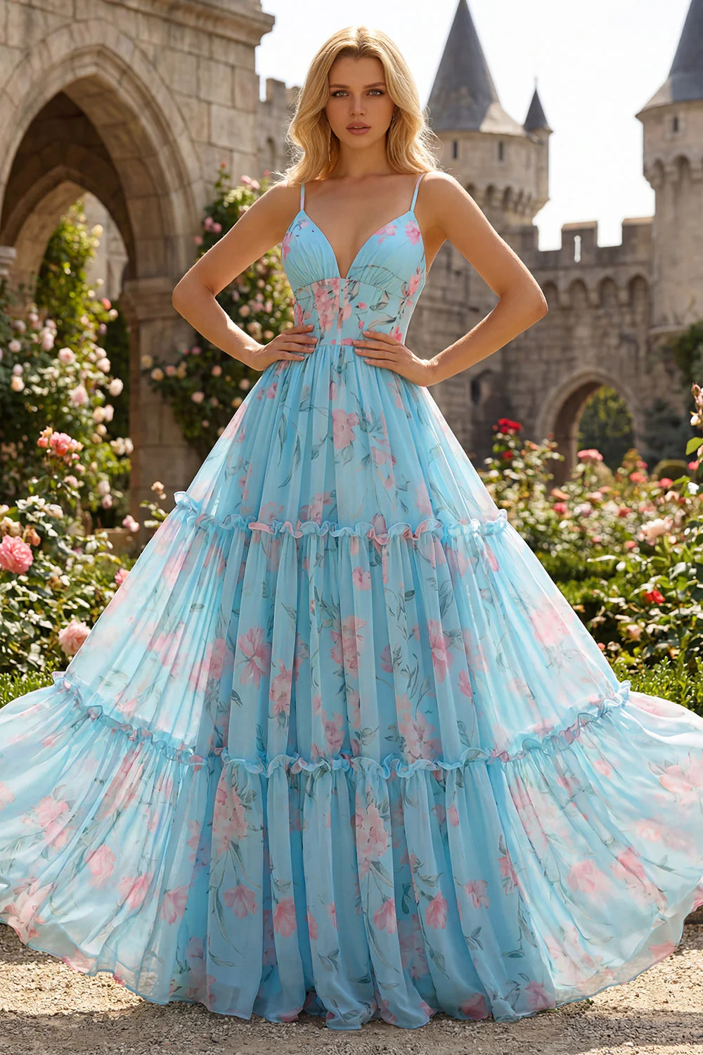 Blue Pink Flower A Line Ruffled Corset Spaghetti Straps Chiffon Long Prom Dress - Image 3