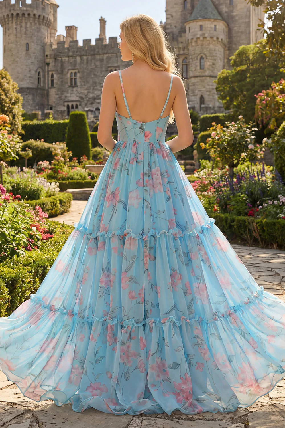 Blue Pink Flower A Line Ruffled Corset Spaghetti Straps Chiffon Long Prom Dress - Image 4