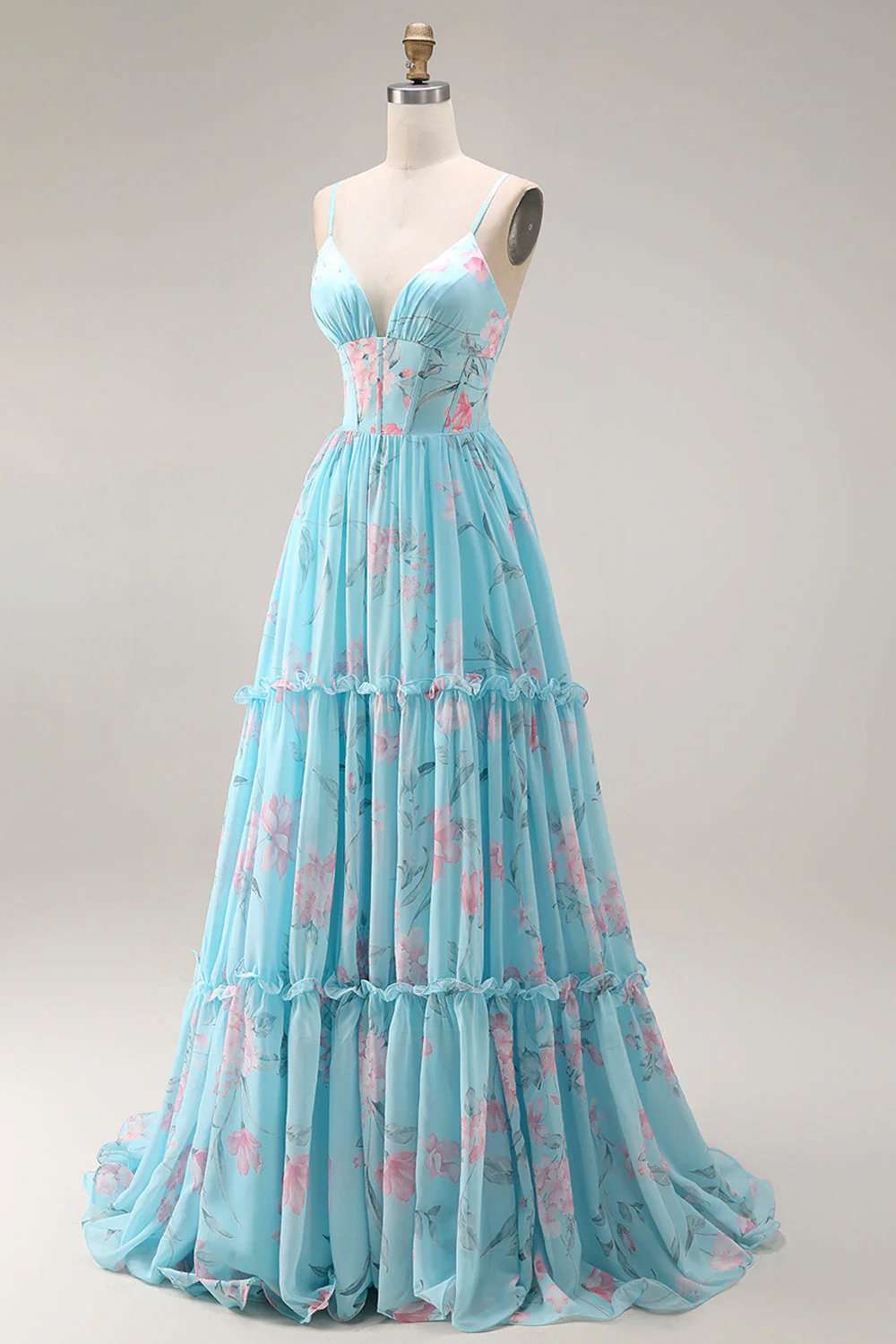 Blue Pink Flower A Line Ruffled Corset Spaghetti Straps Chiffon Long Prom Dress - Image 5