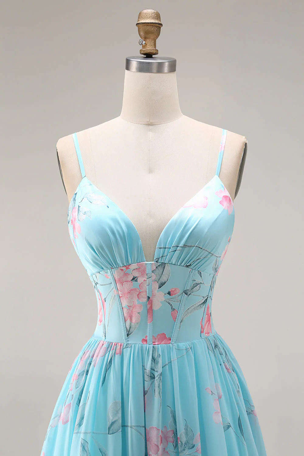 Blue Pink Flower A Line Ruffled Corset Spaghetti Straps Chiffon Long Prom Dress - Image 6
