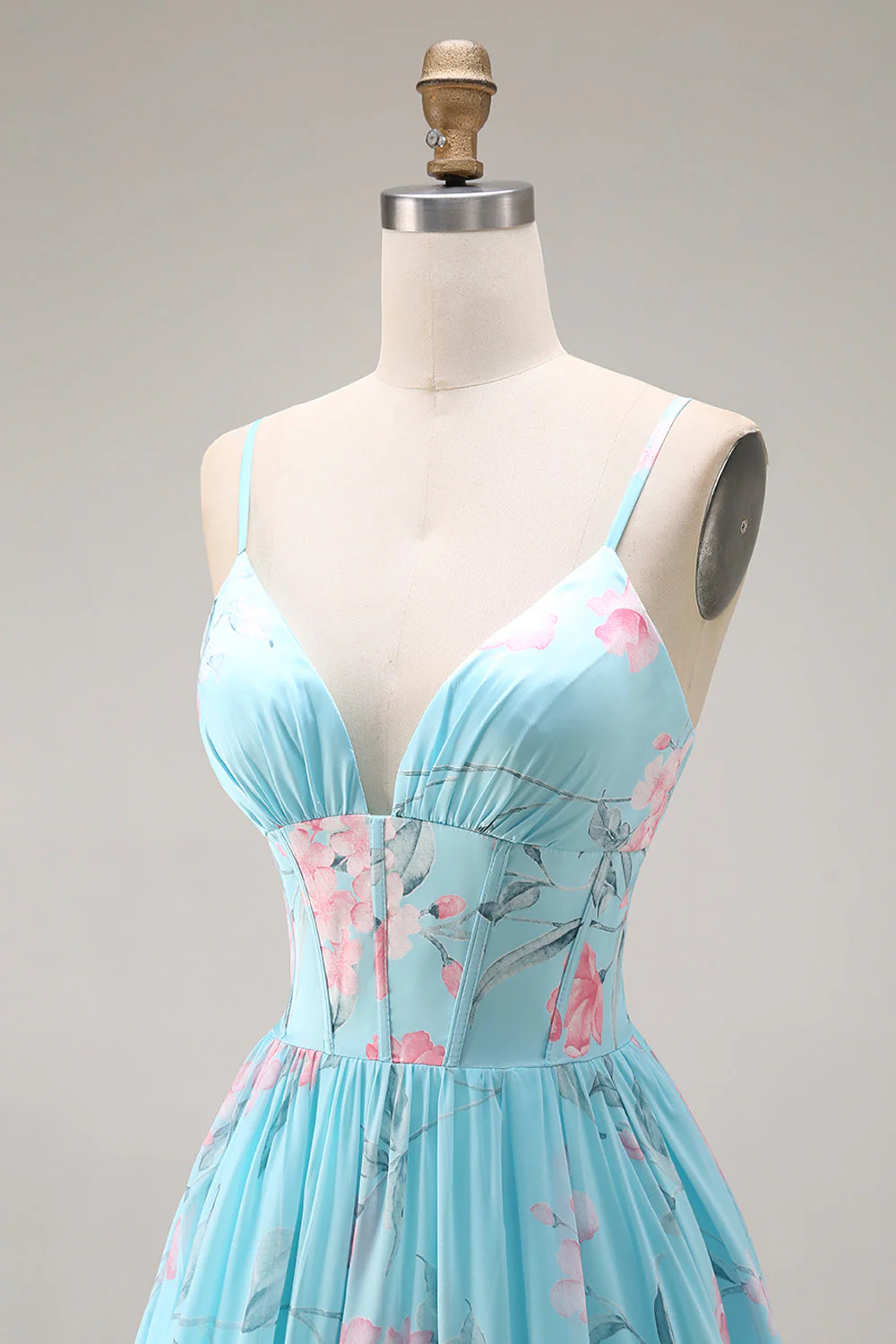 Blue Pink Flower A Line Ruffled Corset Spaghetti Straps Chiffon Long Prom Dress - Image 7