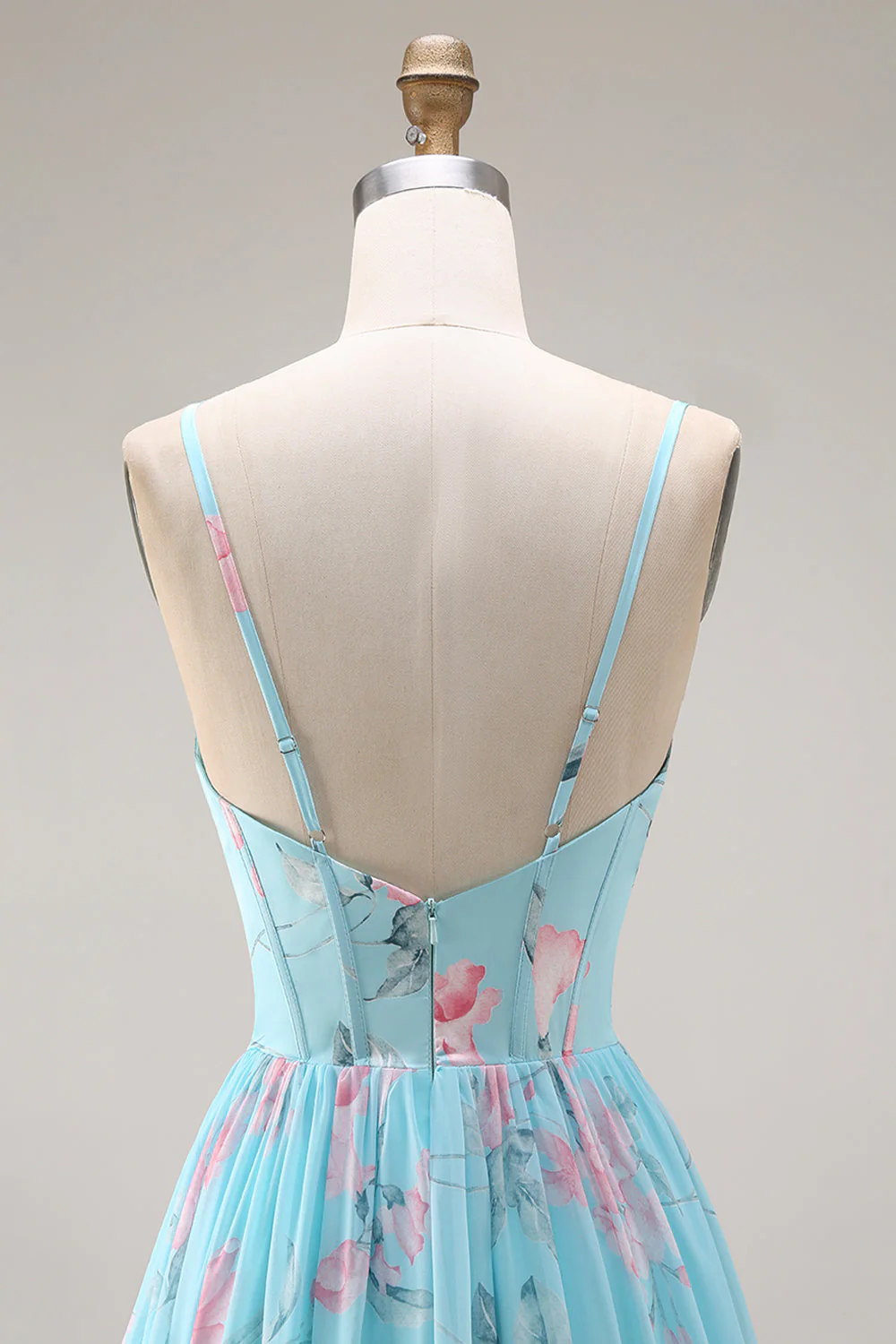 Blue Pink Flower A Line Ruffled Corset Spaghetti Straps Chiffon Long Prom Dress - Image 8