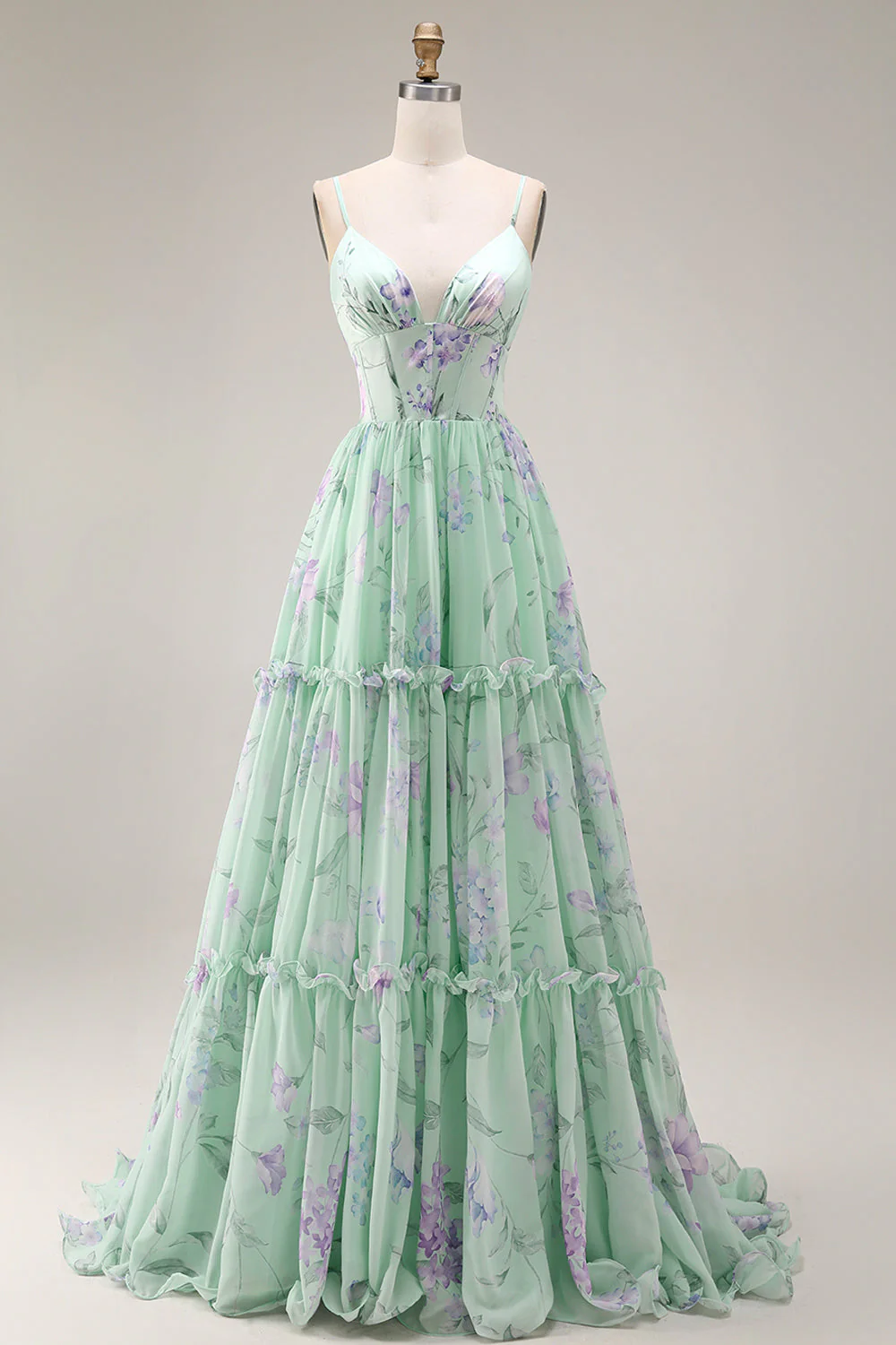 Blue Pink Flower A Line Ruffled Corset Spaghetti Straps Chiffon Long Prom Dress - Image 9