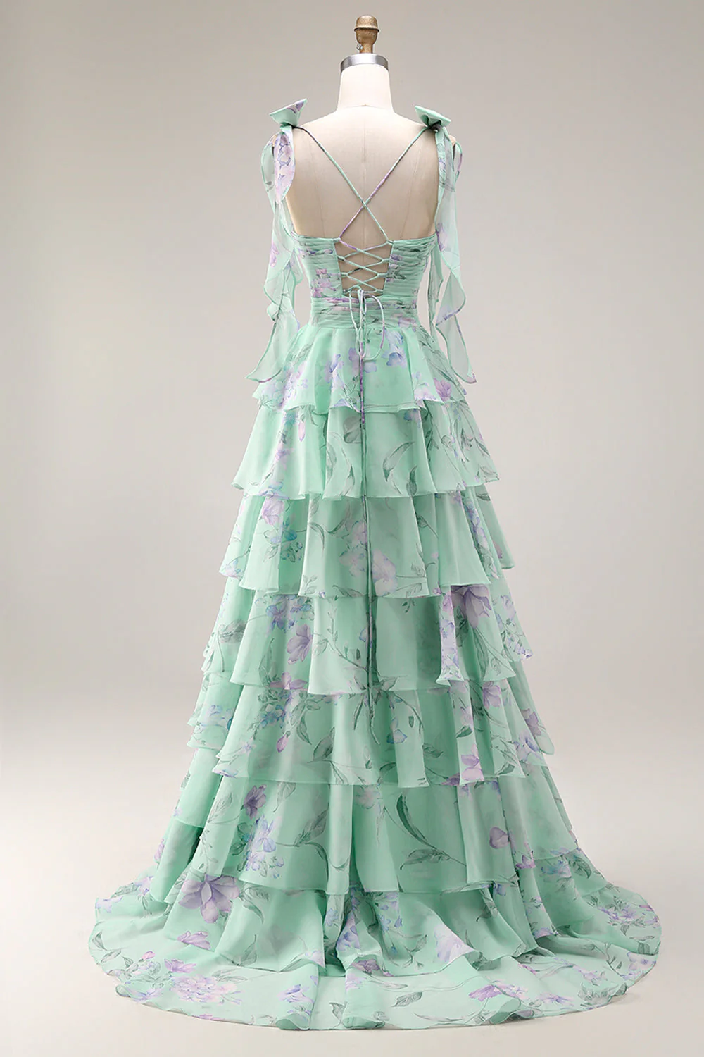 Blue Pink Flower A Line Ruffled Tiered Chiffon Long Prom Dress with Slit - Image 10