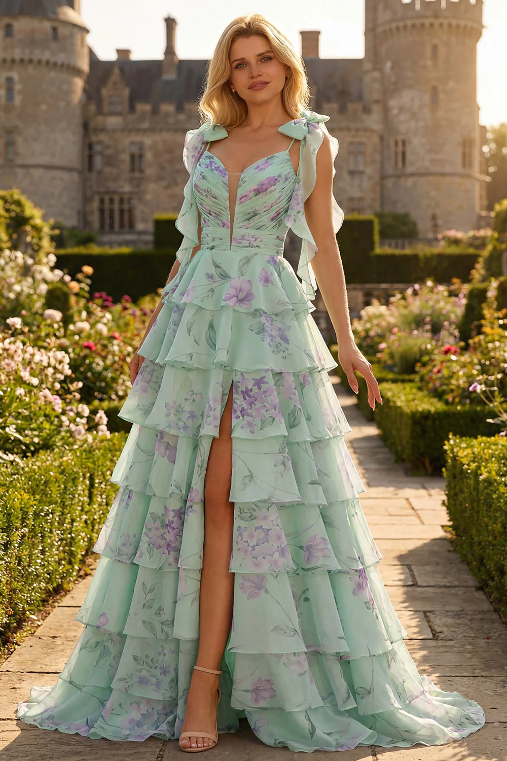 Blue Pink Flower A Line Ruffled Tiered Chiffon Long Prom Dress with Slit - Image 11