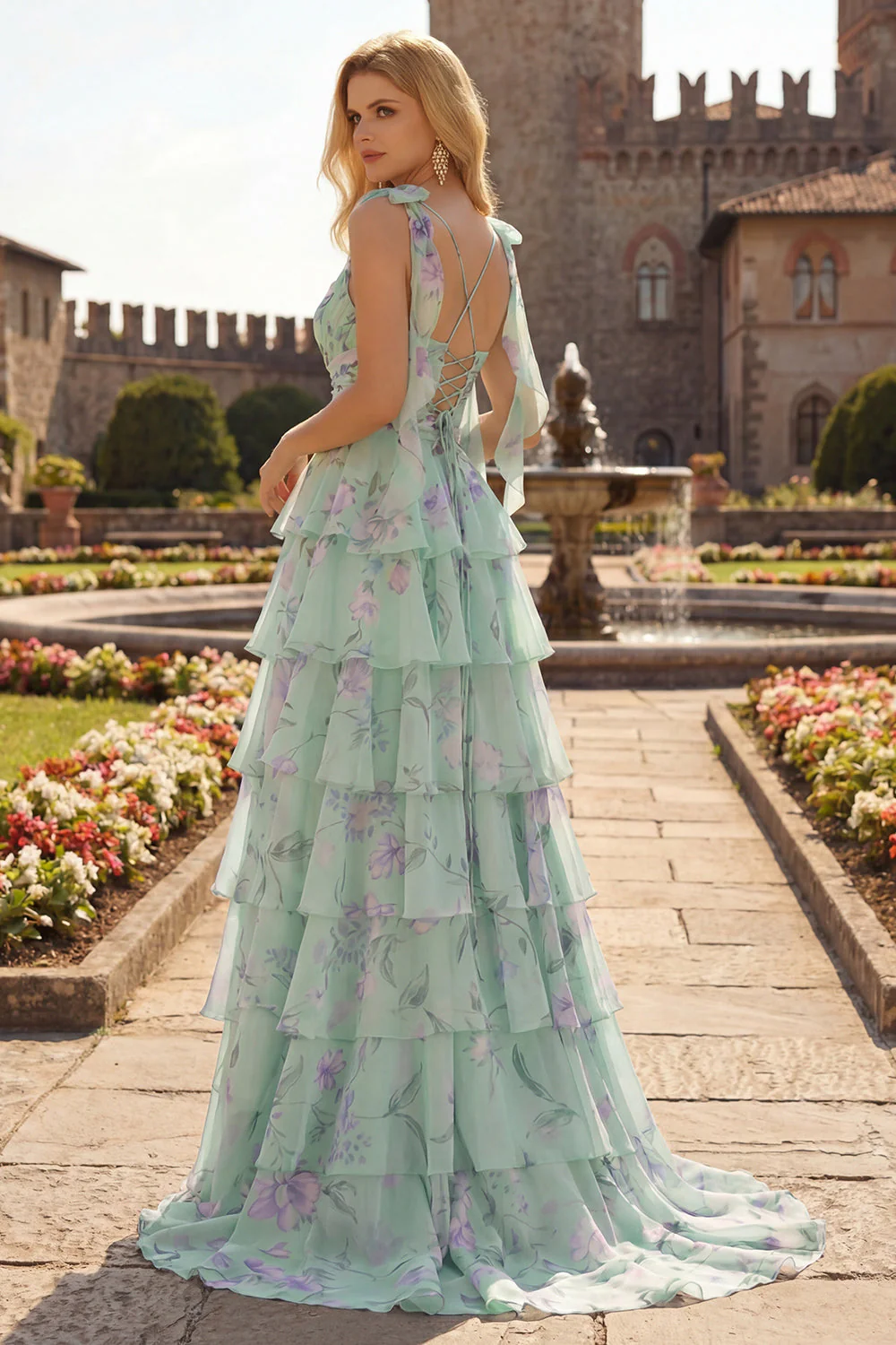 Blue Pink Flower A Line Ruffled Tiered Chiffon Long Prom Dress with Slit - Image 12