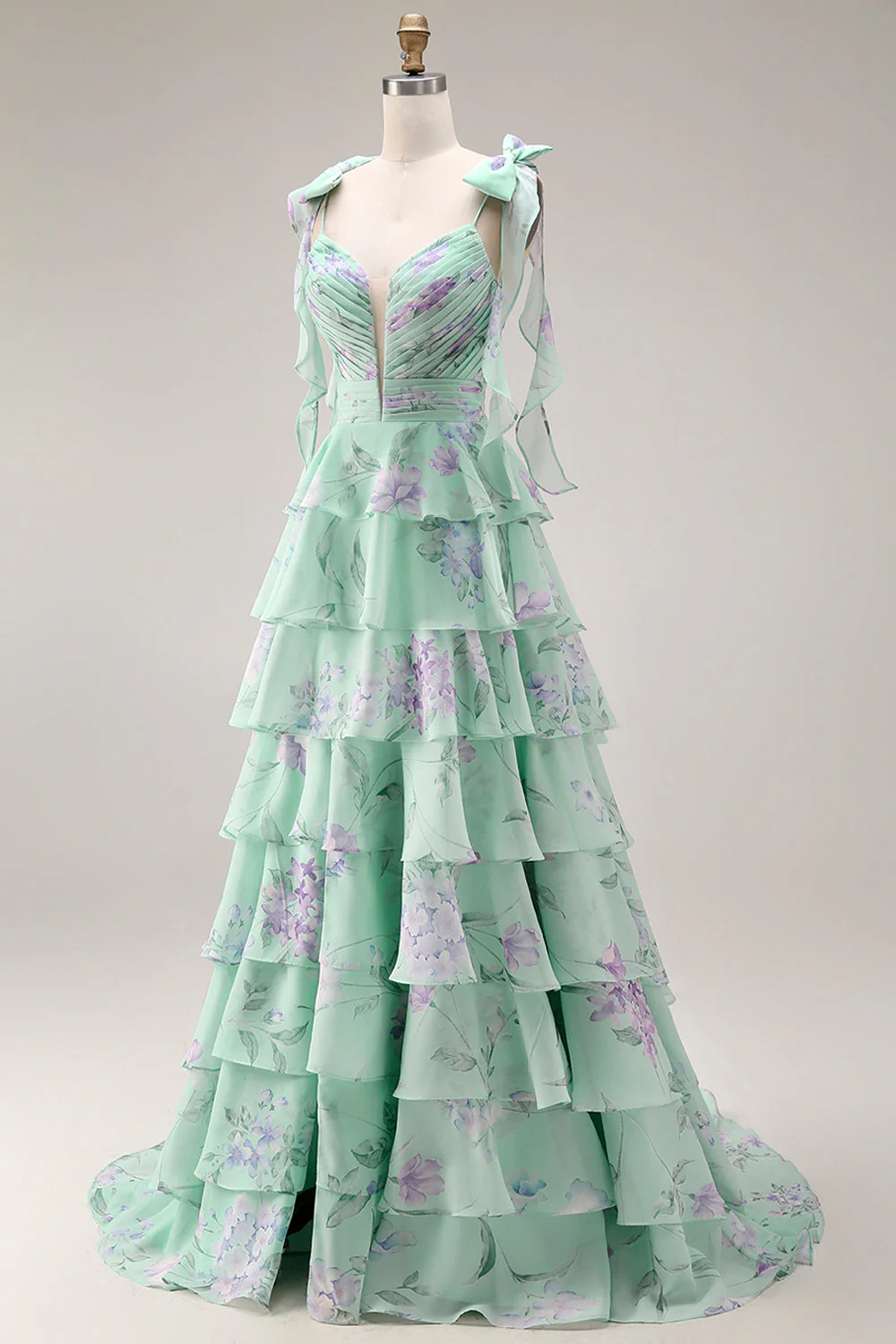 Blue Pink Flower A Line Ruffled Tiered Chiffon Long Prom Dress with Slit - Image 13