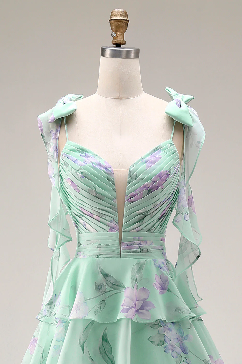 Blue Pink Flower A Line Ruffled Tiered Chiffon Long Prom Dress with Slit - Image 14