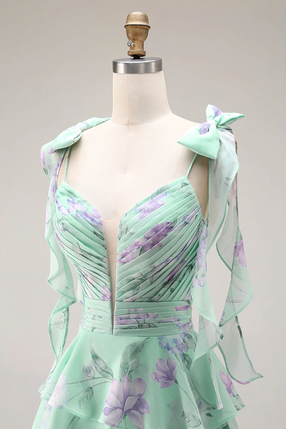 Blue Pink Flower A Line Ruffled Tiered Chiffon Long Prom Dress with Slit - Image 15