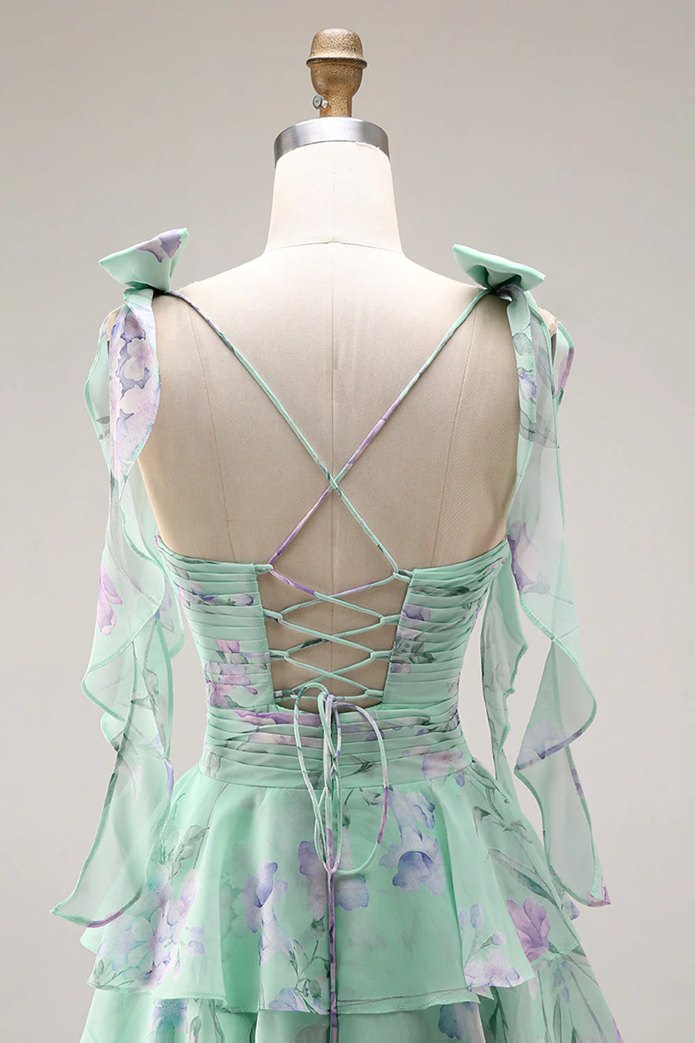 Blue Pink Flower A Line Ruffled Tiered Chiffon Long Prom Dress with Slit - Image 16