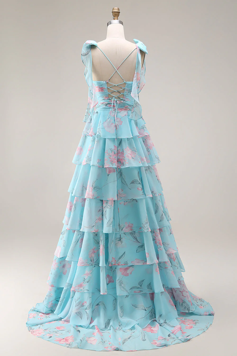 Blue Pink Flower A Line Ruffled Tiered Chiffon Long Prom Dress with Slit - Image 2