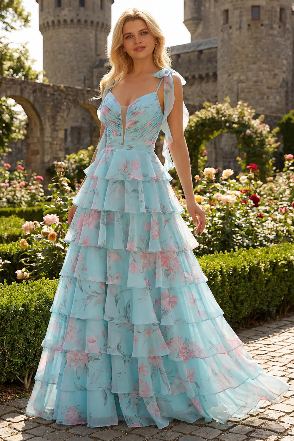 Blue Pink Flower A Line Ruffled Tiered Chiffon Long Prom Dress with Slit - Image 3