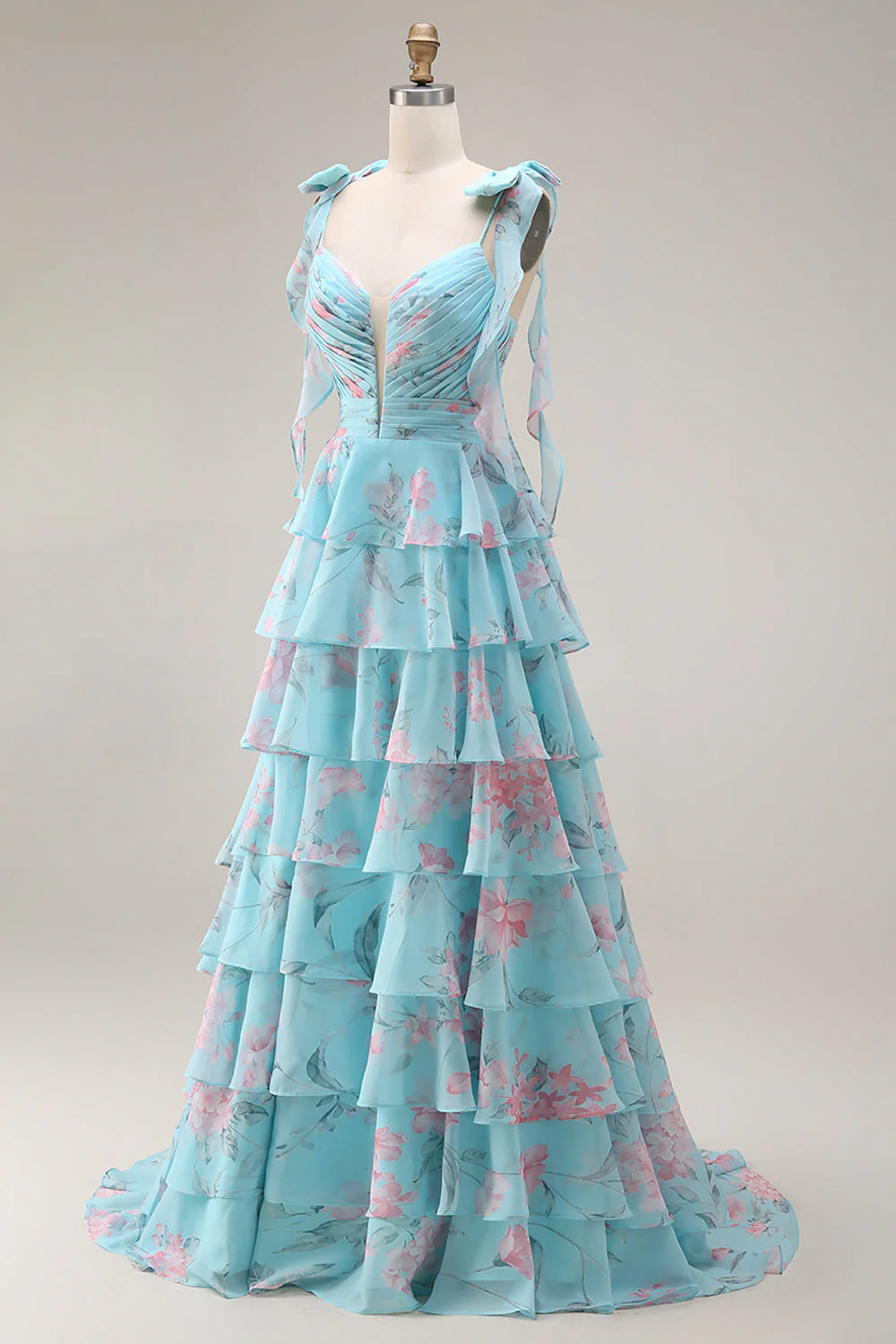 Blue Pink Flower A Line Ruffled Tiered Chiffon Long Prom Dress with Slit - Image 5