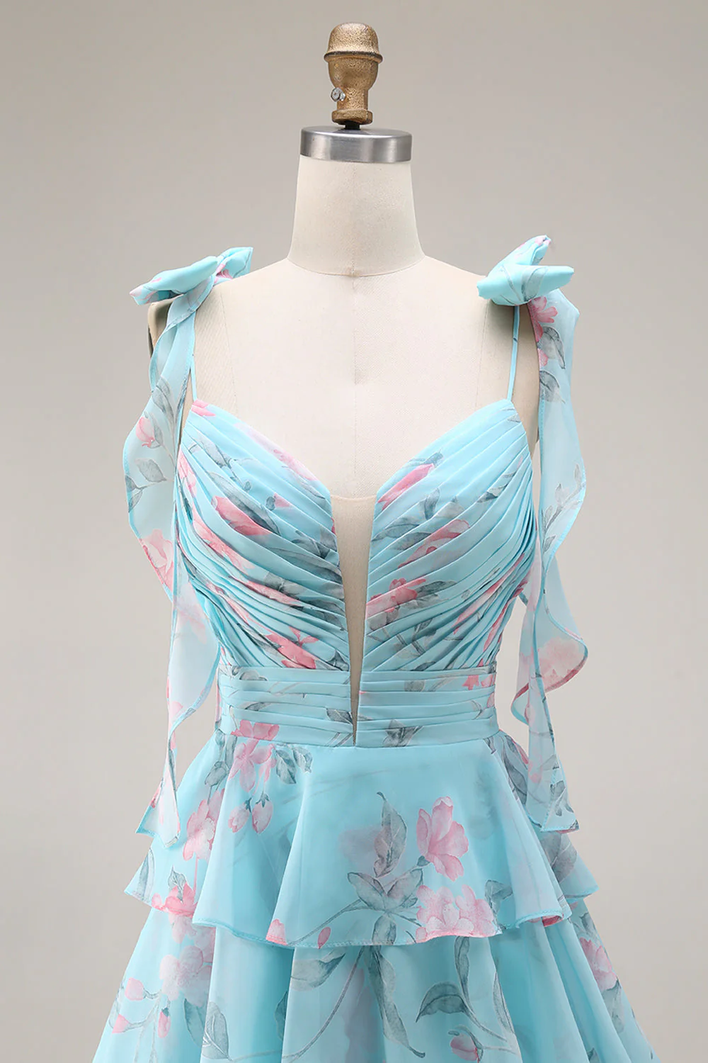 Blue Pink Flower A Line Ruffled Tiered Chiffon Long Prom Dress with Slit - Image 6